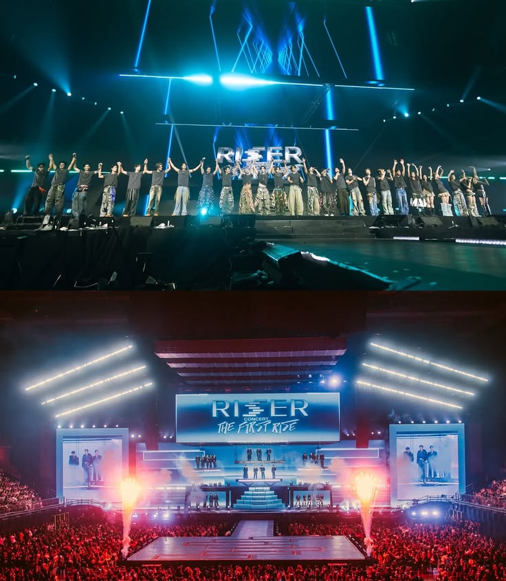 Kolase dua momen konser RISER The First Rise di Impact Arena
             Bangkok — bagian atas menampilkan seluruh artis berdiri
             di panggung dengan tangan terangkat di bawah cahaya biru
             toska, bagian bawah memperlihatkan panggung megah dari
             sudut penonton dengan efek pyrotechnic dan layar LED besar